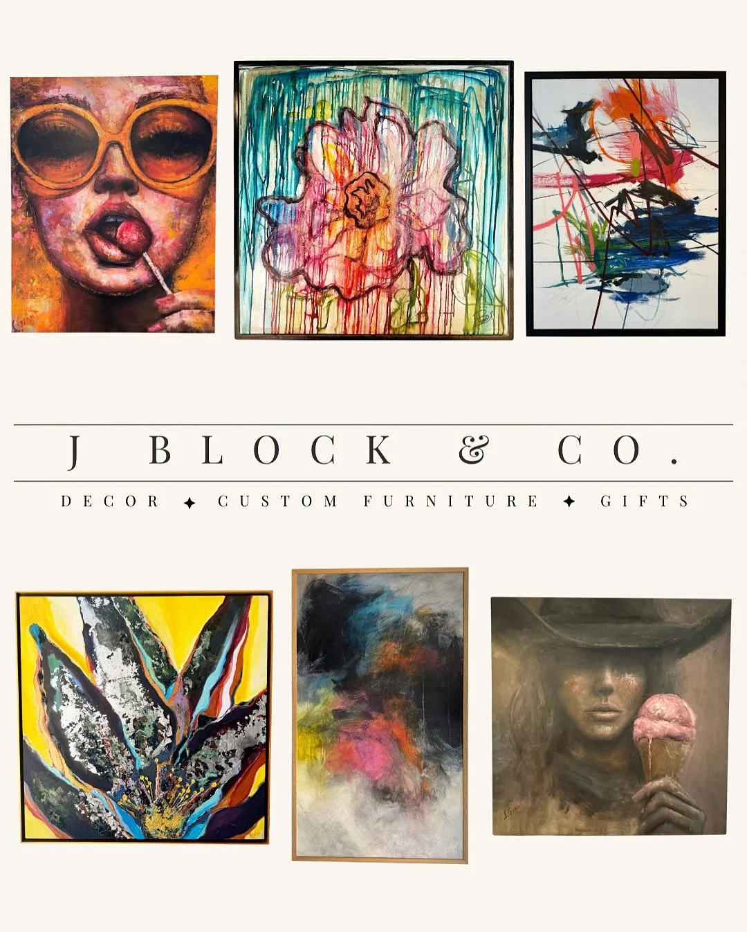 🎨✨ Make a statement. ✨🎨 At J Block &amp; Co, our art collection is anything but ordinary&mdash;bold, unique, and ready to transform your walls into a gallery of personality and style. Elevate your space with pieces that spark conversation and inspi