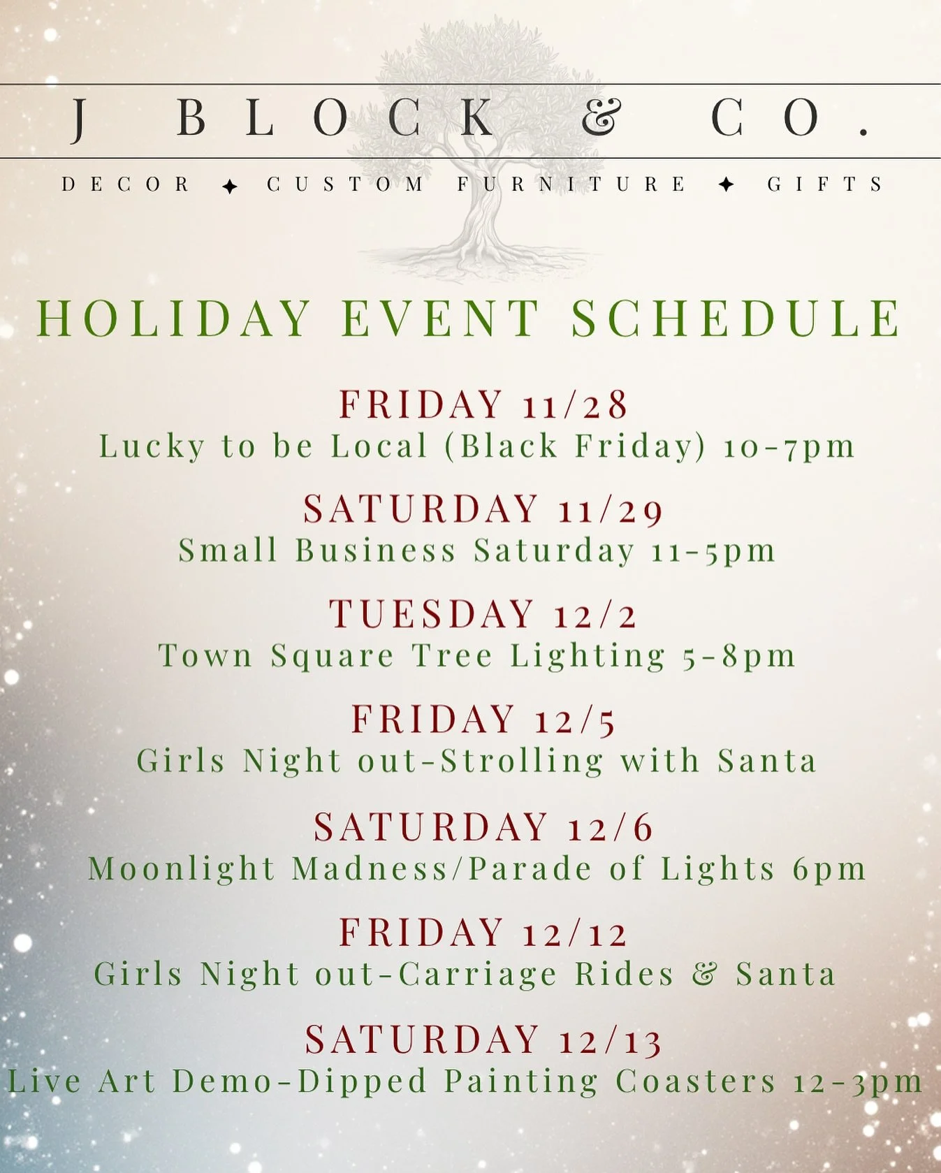 ✨ The holiday season is just getting started at J Block &amp; Co!
We&rsquo;ve got a full lineup of festive events to keep the magic going&hellip;from cozy sip &amp; shops to community celebrations plus special shopping nights filled with cheer.

Keep