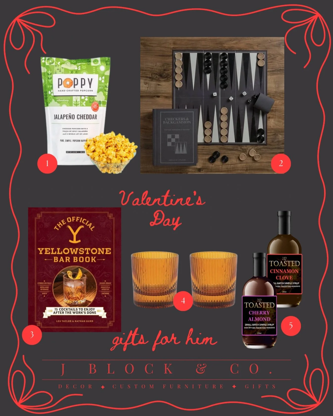 ❤️ Valentine&rsquo;s Favorites &mdash; For Him

Classic, elevated pieces with just the right amount of character.
Available in store and online at J Block &amp; Co.
Which number is his style?
	1.	Poppy hand-crafted popcorn, Jalape&ntilde;o Cheddar
	2