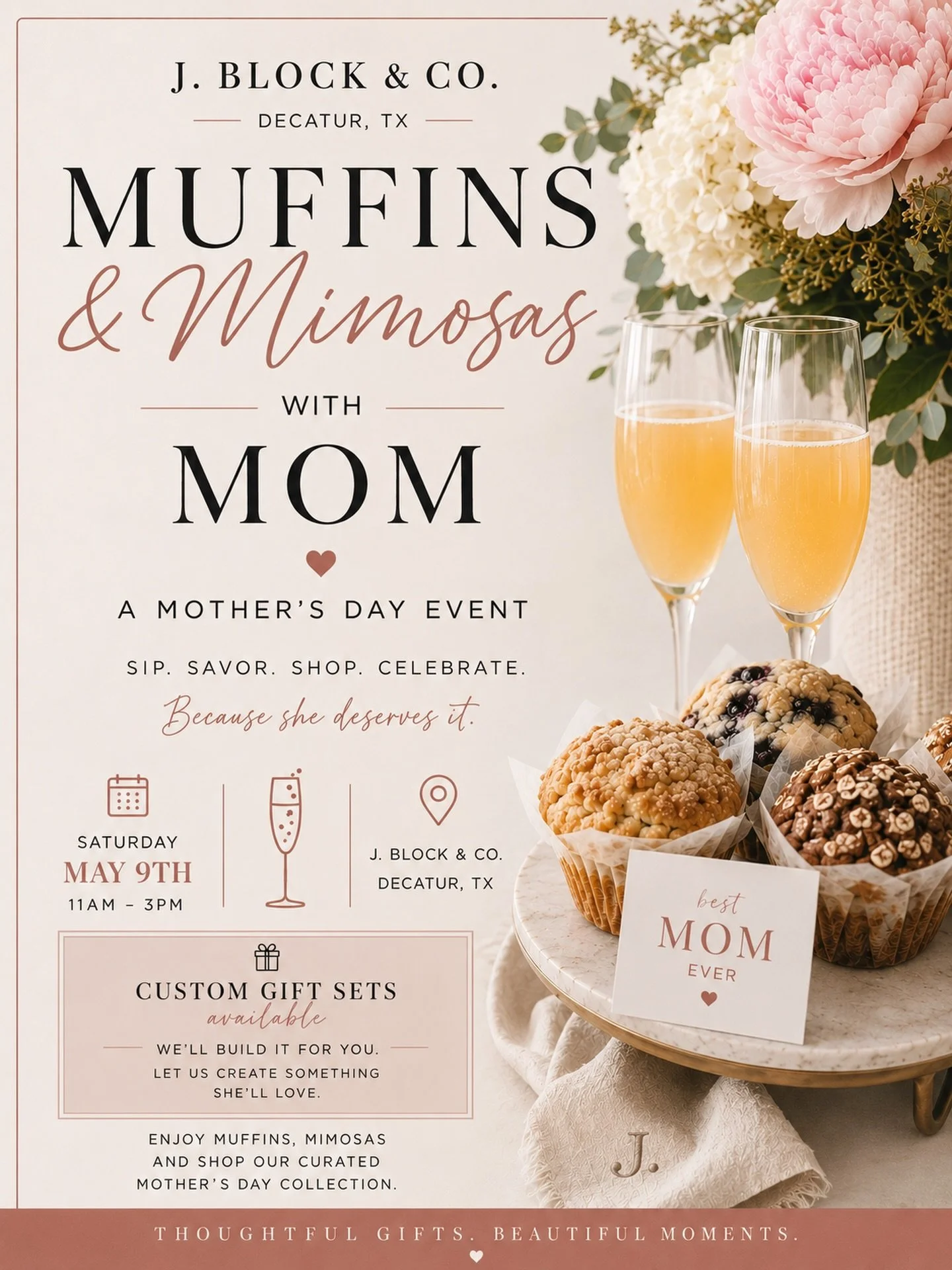 ✨ Muffins &amp; Mimosas with Mom ✨
Join us for a sweet and bubbly Mother&rsquo;s Day Sip &amp; Shop 💐

Grab a drink, shop for mom, we&rsquo;ll bundle it for you 🥂
Or better yet&mdash;make her a gift in store at our custom gift station 🎁

Enjoy muf