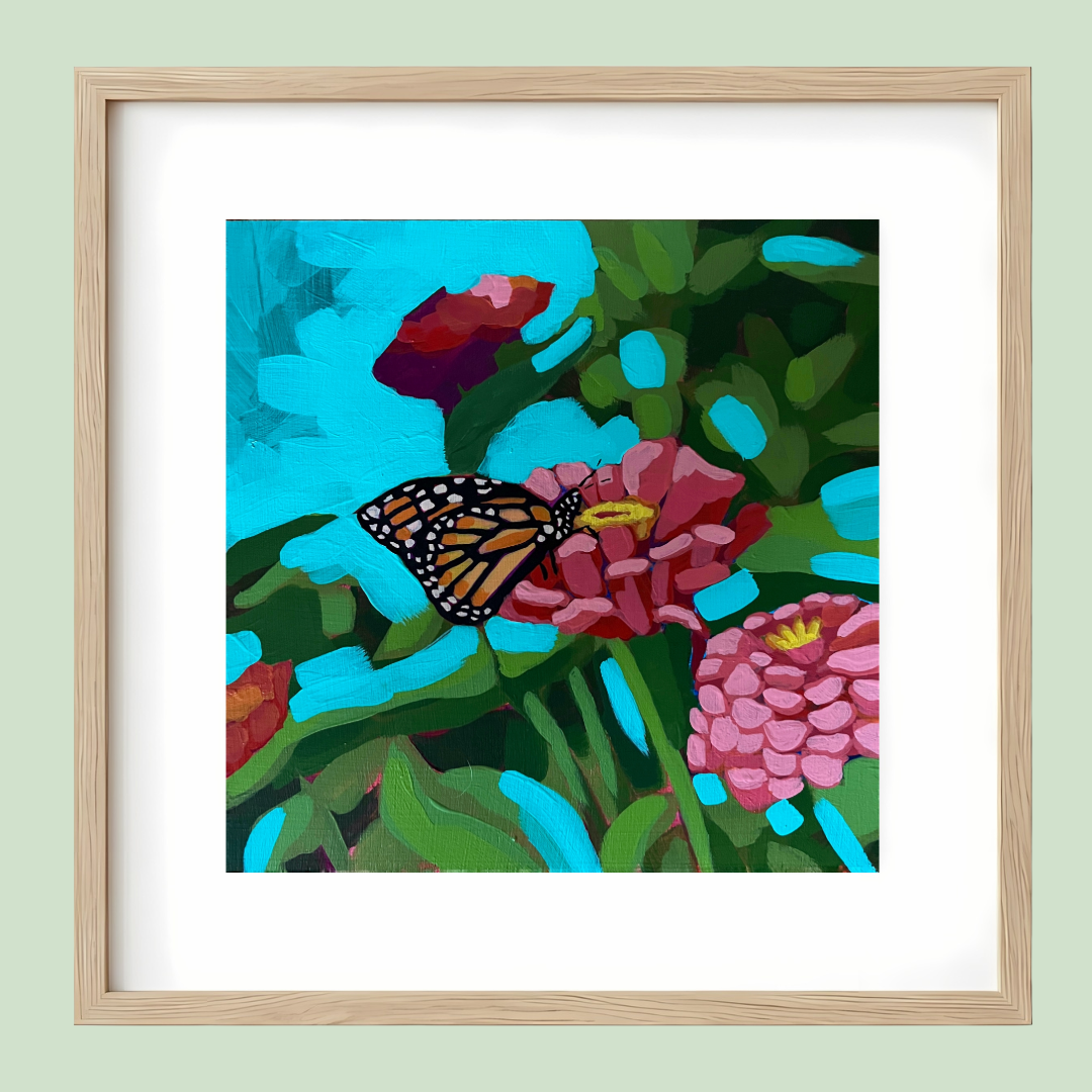 Butterfly and Zinnias