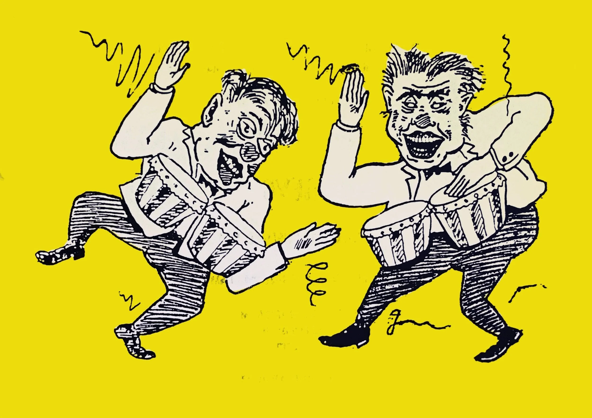Two cartoon characters with exaggerated faces dancing and playing drums against a yellow background.