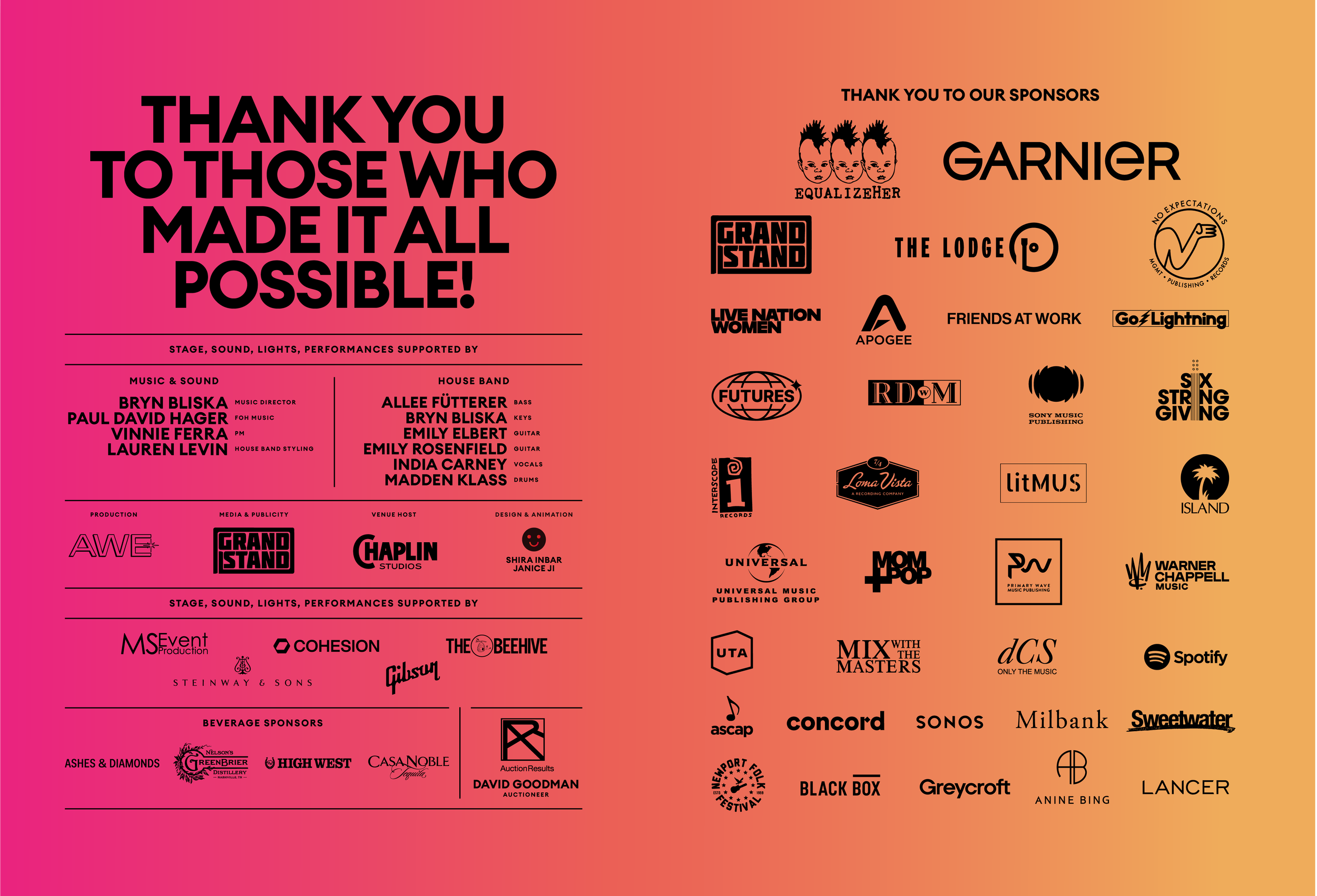 A colorful thank you poster with black text and logos. It thanks supporters, sponsors, and covers various categories like music, house band, production, media, publicity, venue, design, animation, beverage sponsors, and auction result. Logos of multiple companies and organizations are displayed on a gradient background.