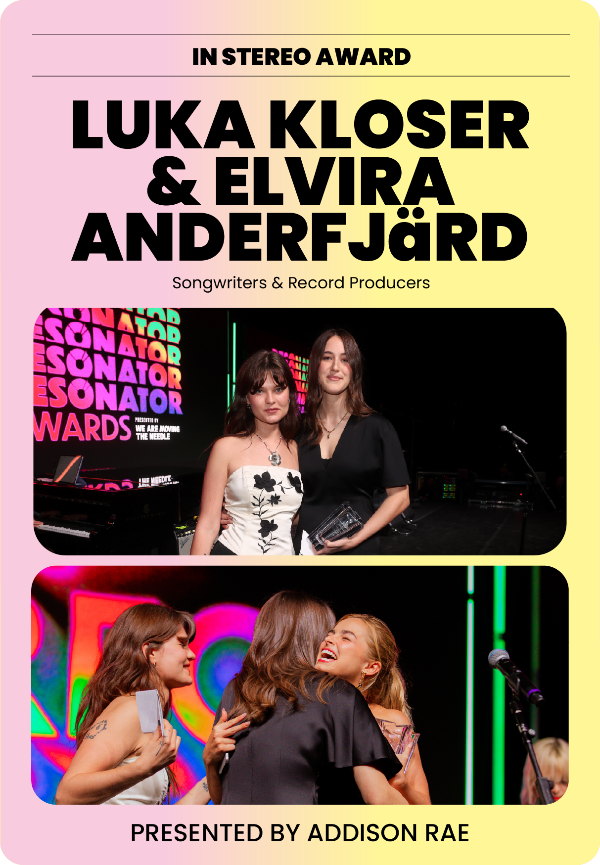 Poster for the In Stereo Award with photos of award recipients, the first group of two women standing together in front of a neon sign, and the second group of three women hugging and smiling, celebrating their achievements, with colorful backgrounds and stage setting.