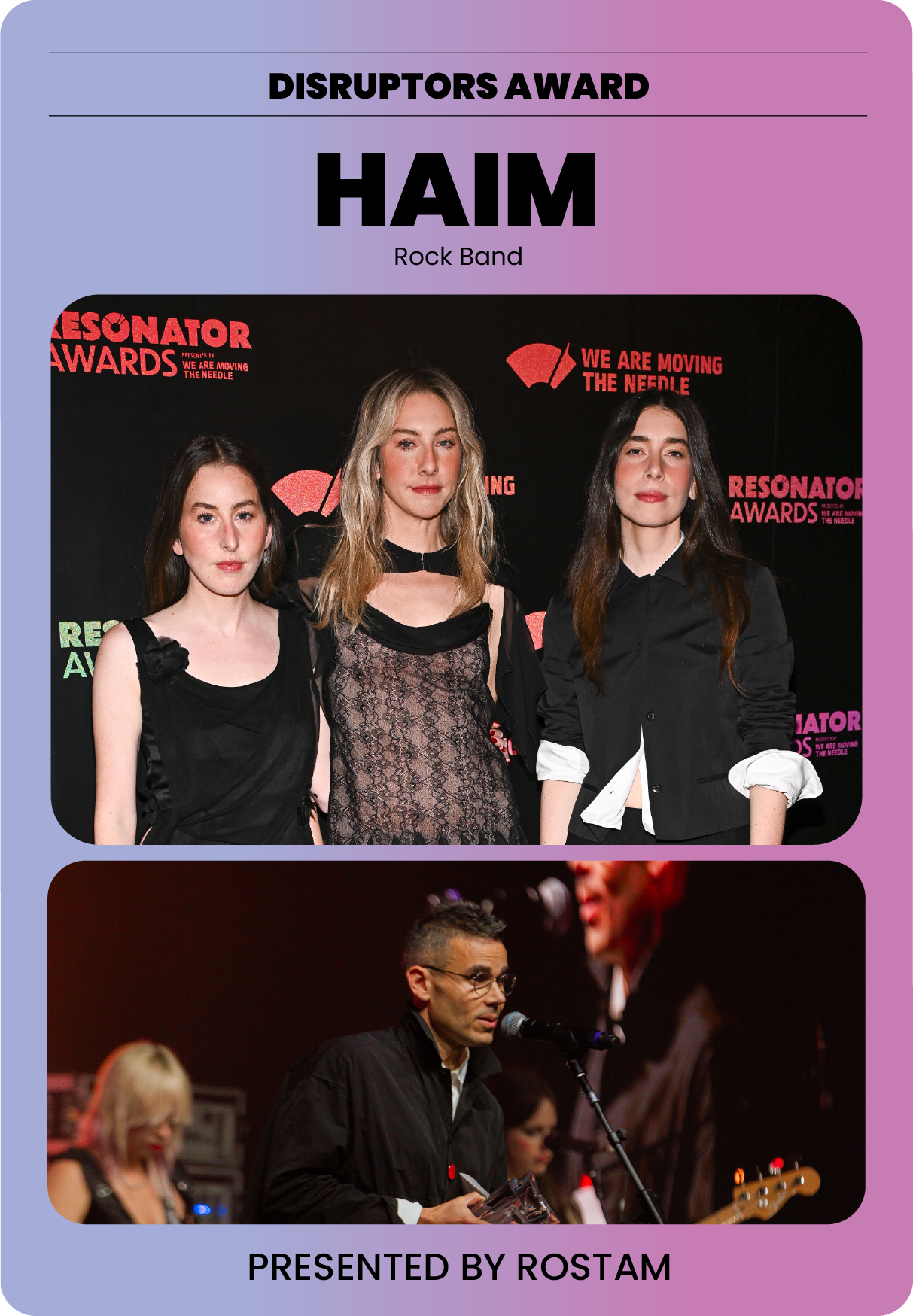 The image showcases two photos on a purple background with black, pink, and green text. The top photo features three women with long hair, dressed in black, posing in front of a black backdrop at the Resonator Awards. The bottom photo shows a man with glasses, wearing a black jacket, speaking into a microphone on stage, with other band members and a large screen in the background.