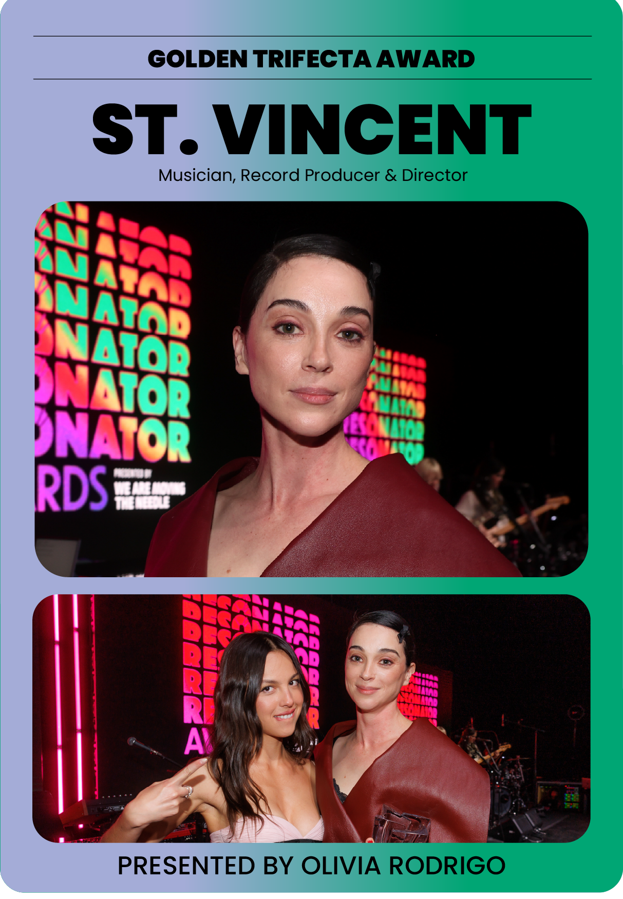 Banner for the Golden Trifecta Award featuring musician, record producer, and director St. Vincent at the We Are Blooming event, with a photo of St. Vincent and Olivia Rodrigo. The background has colorful, illuminated text.