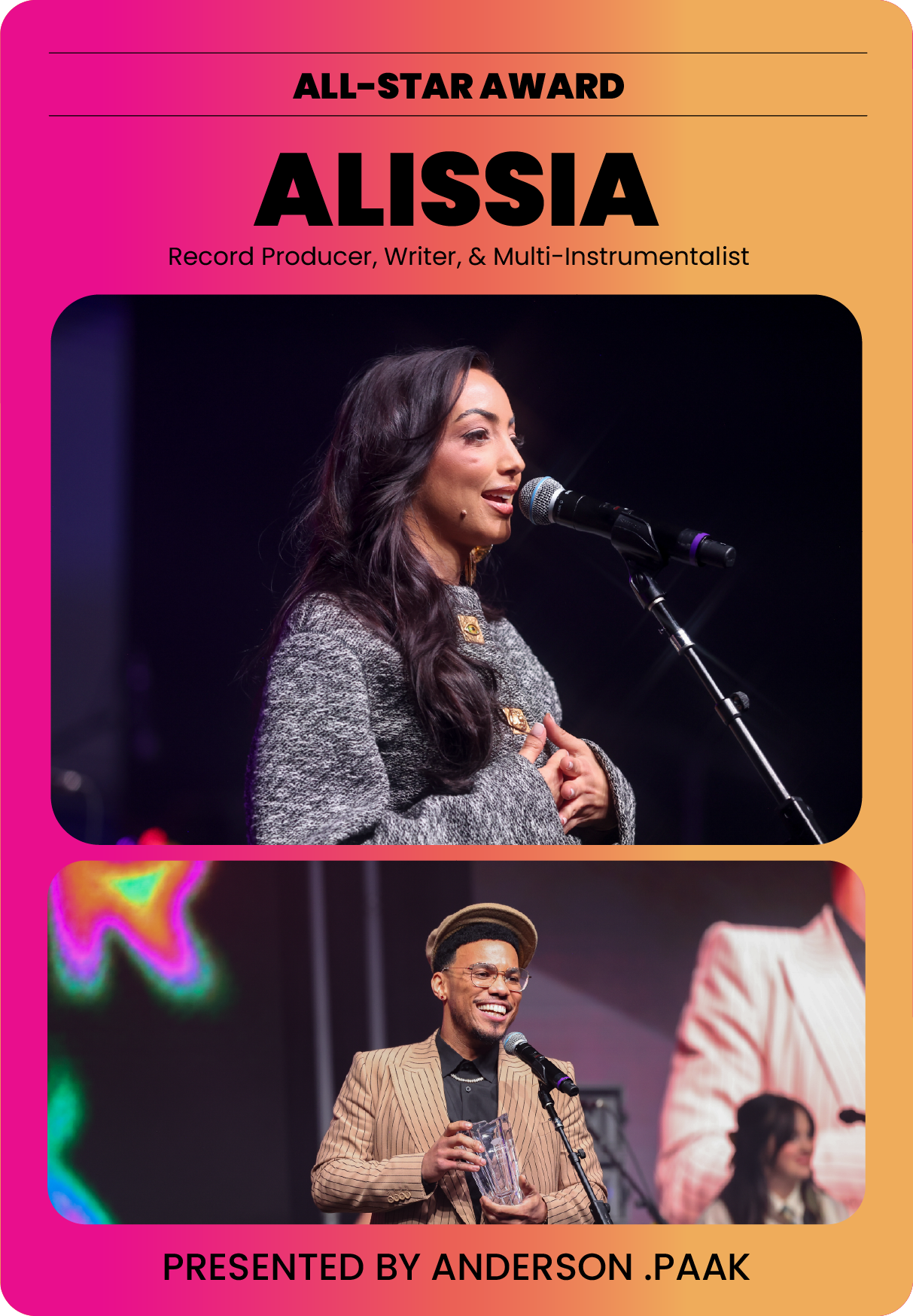 Two people at an awards event. The top person is a woman speaking into a microphone, wearing a gray jacket. The bottom person is a man holding a trophy, smiling, dressed in a tan striped suit, with a background of a stage and other people.