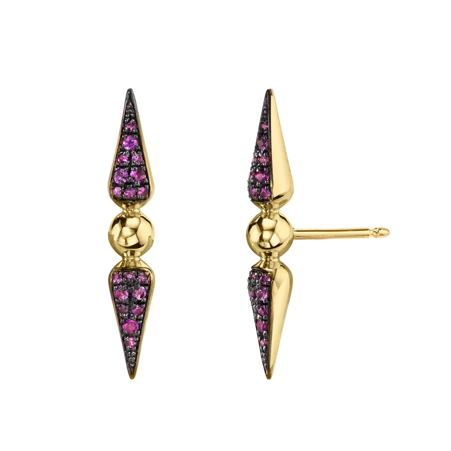 Gold and black stud earrings with pink and black gemstones in a geometric design.