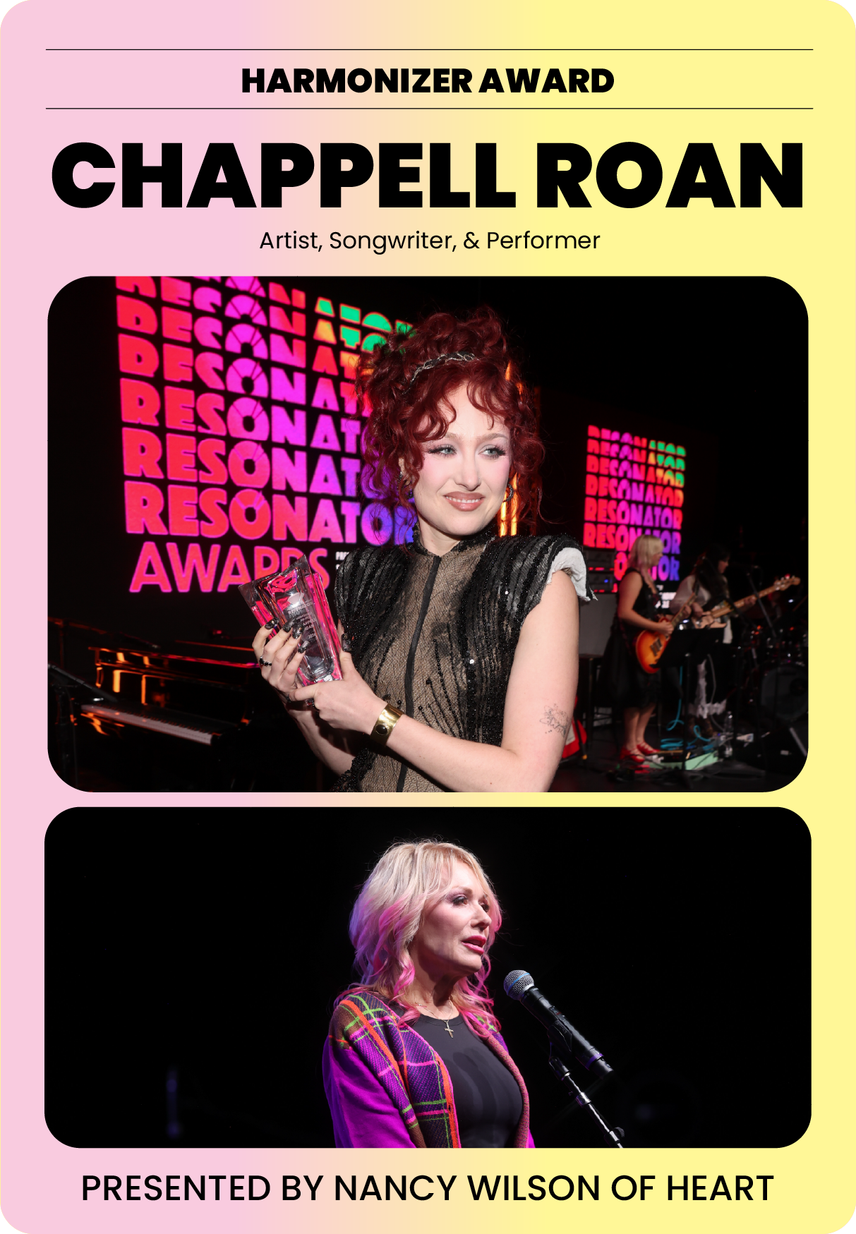 Poster for the Harmonizer Award featuring Chappell Roan and Nancy Wilson of Heart, with photos of both women at the event.