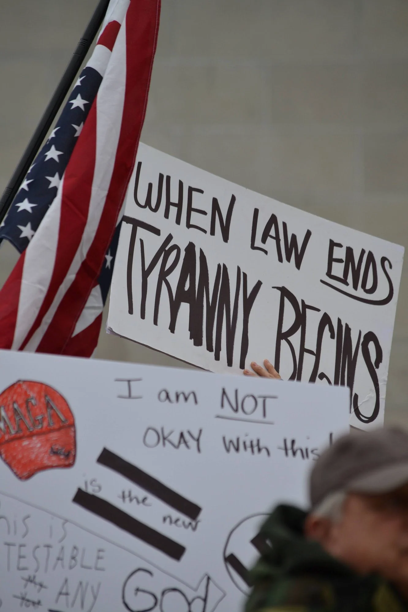 Protest signs with American flag; "When Law Ends Tyranny Begins"