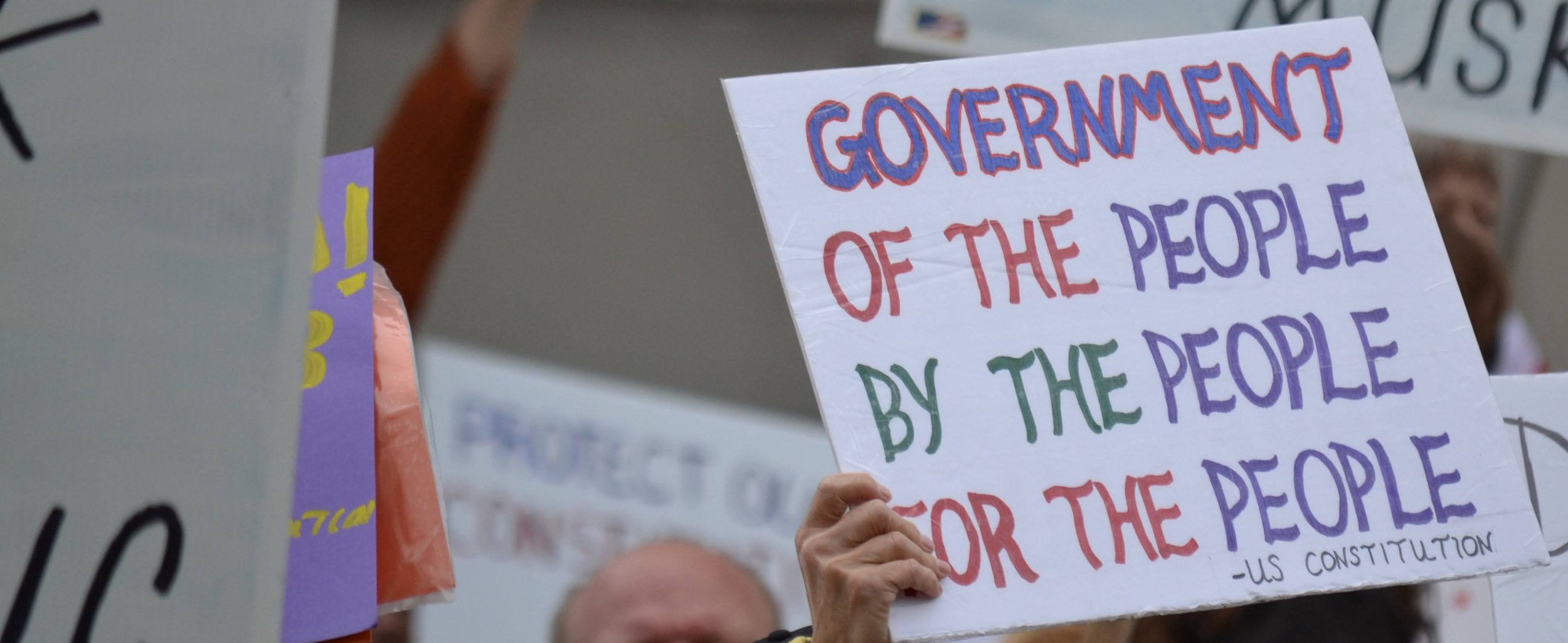 Protest signs with messages including 'Government of the People, by the People, for the People - US Constitution.'