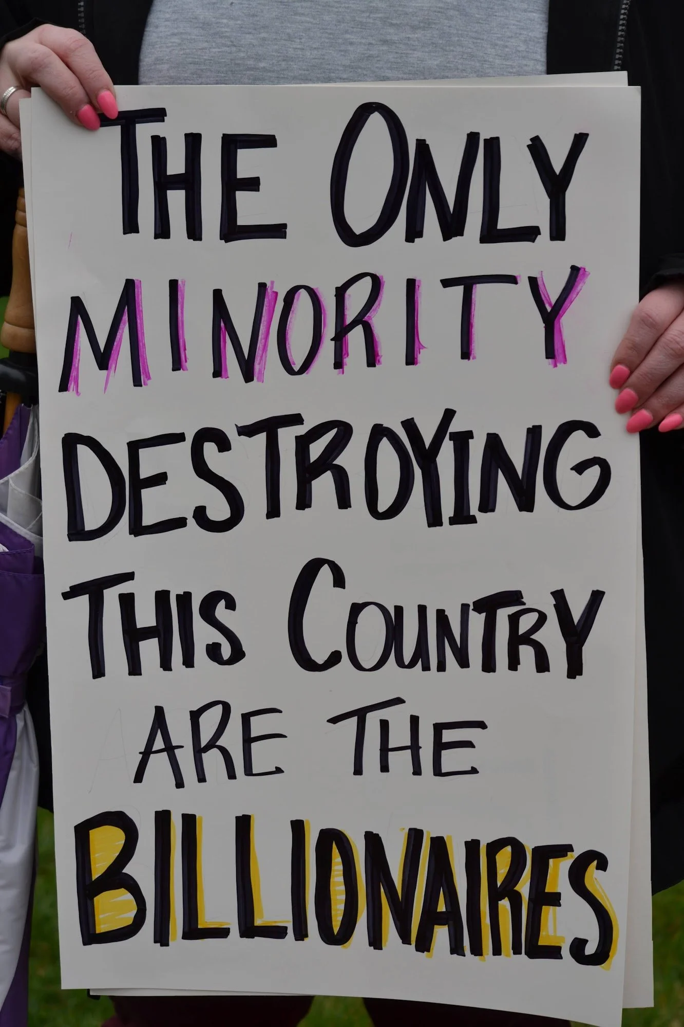 Protest sign reading "The Only Minority Destroying This Country Are The Billionaires." Held by a person with pink nail polish.