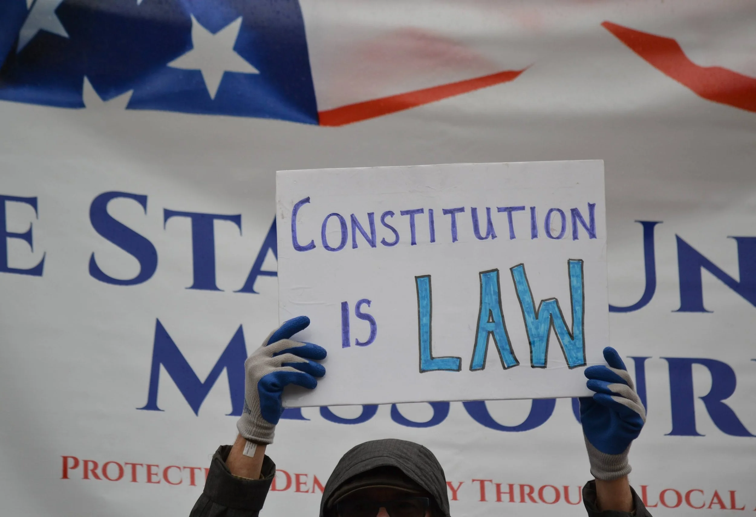 Person holding a sign that says 'Constitution is Law' in front of a banner with partial text and American flag graphics.