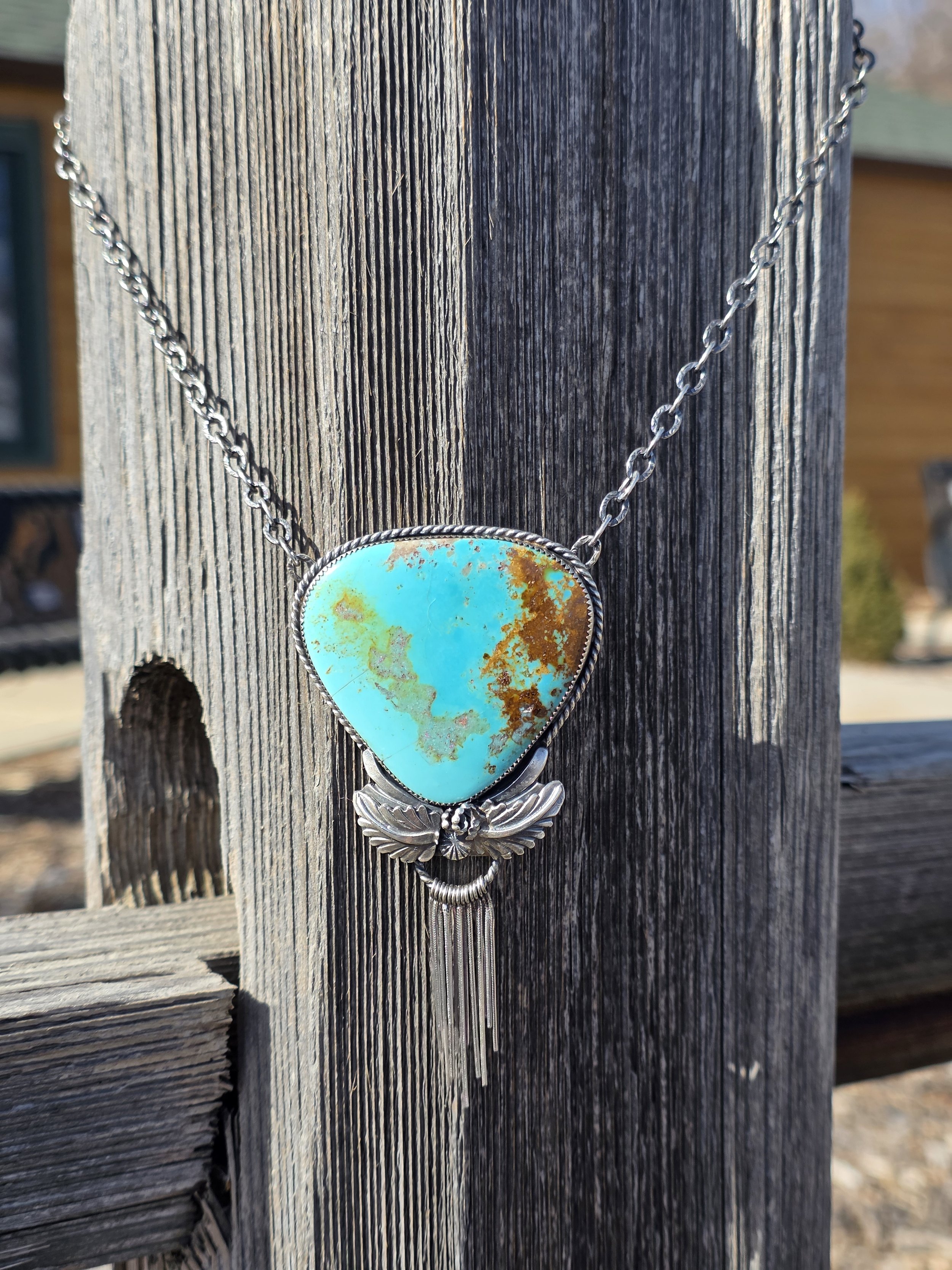 Large Royston turquoise necklace with sterling silver fringe. 20in chain