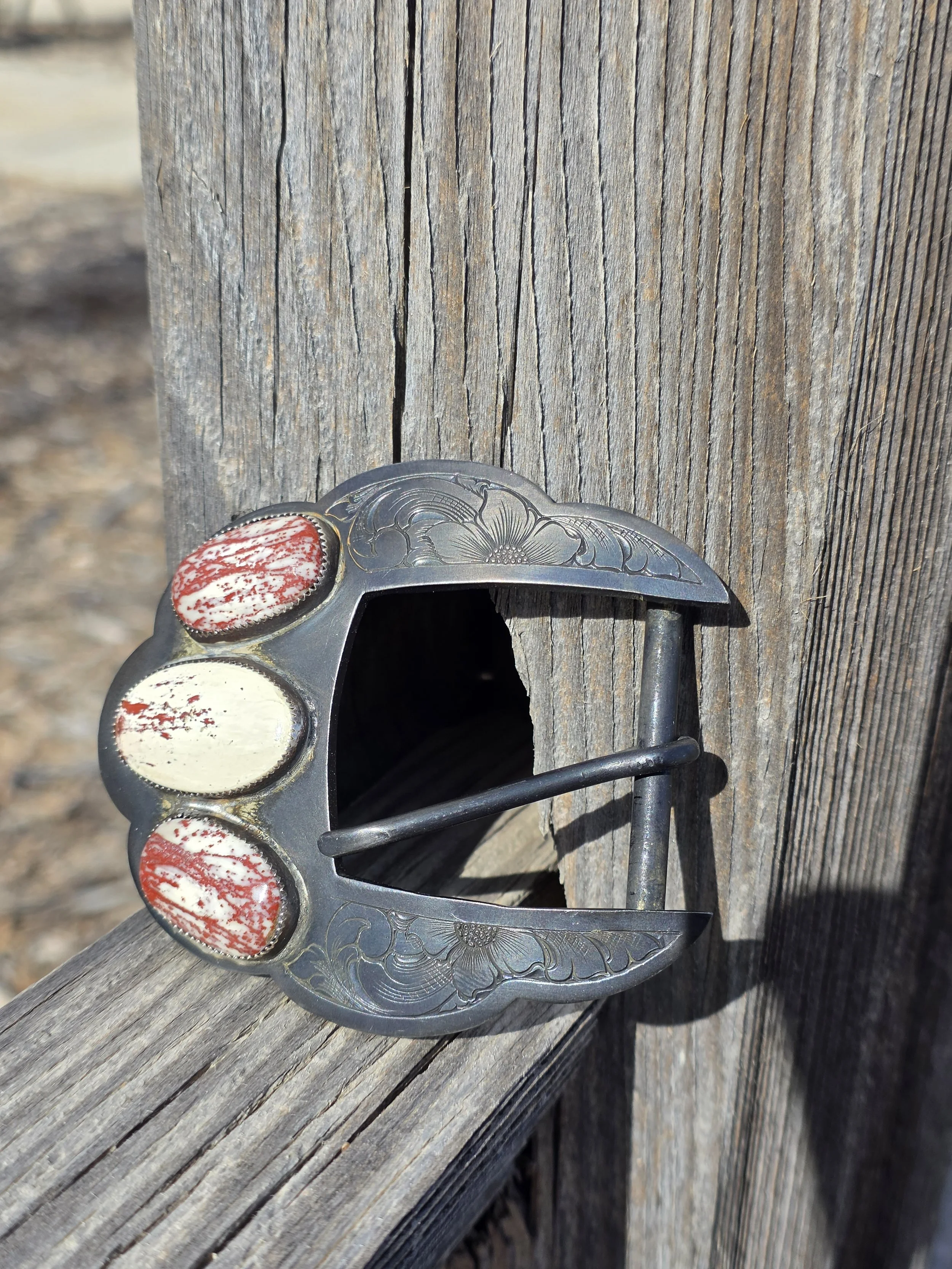 1.5in hand engraved steel buckle with red buffalo turquoise