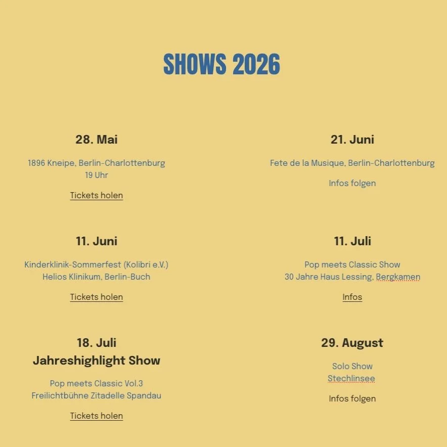 Hey ihr Lieben, 

Ich m&ouml;chte euch ganz herzlich zu meinen kommenden Shows einladen. Ganz besonders m&ouml;chte ich euch dabei unser 3. Pop meets Classic Konzert in der Freilichtb&uuml;hne der Zitadelle Berlin-Spandau empfehlen. Das wird gro&szli
