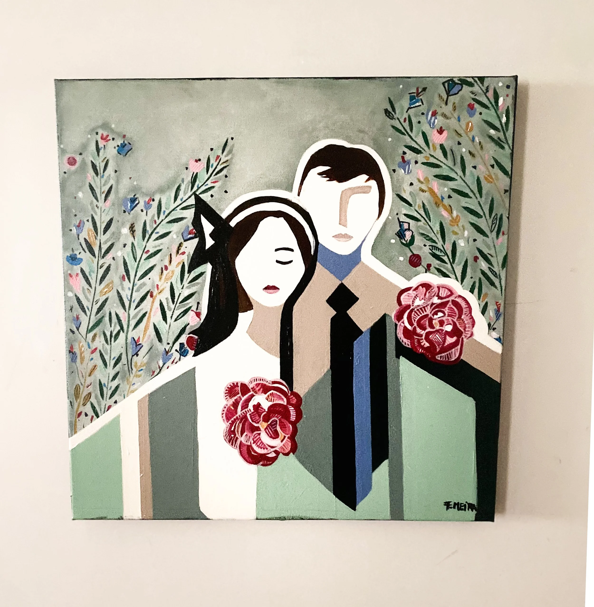 Nome: Lovers ( in green)  • Dimensão:60×60×4 • Técnica: acrílico • Material: tela de algodão esticada em grade de madeira. • Nov. 2024 Obra original exclusiva.