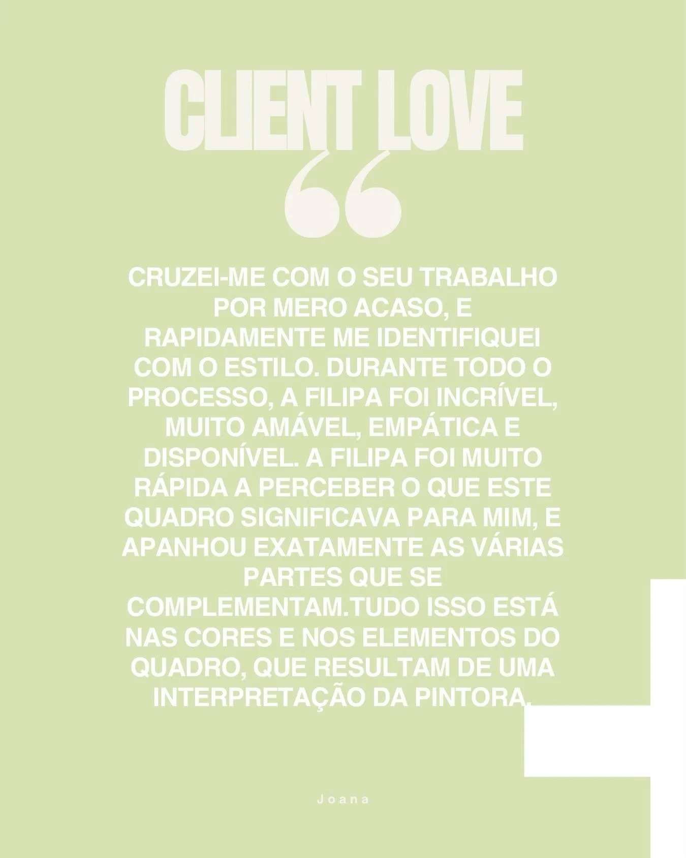&ldquo;A arte n&atilde;o &eacute; o que v&ecirc;s, &eacute; o que sentes.&rdquo;
Ler estas palavras &eacute; o que d&aacute; sentido a cada tra&ccedil;o.
Grata &agrave; Joana pela confian&ccedil;a e por deixares a minha fazer parte da tua hist&oacute