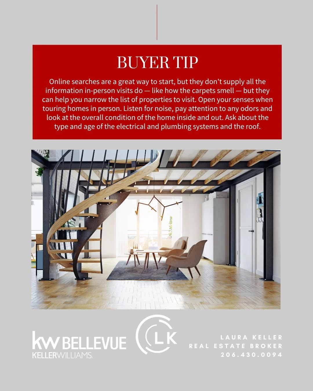 Buyer Tip - December

Online searches are a great way to start, but they don't supply all the information in-person visits do &mdash; like how the carpets smell &mdash; but they can help you narrow the list of properties to visit. Open your senses wh