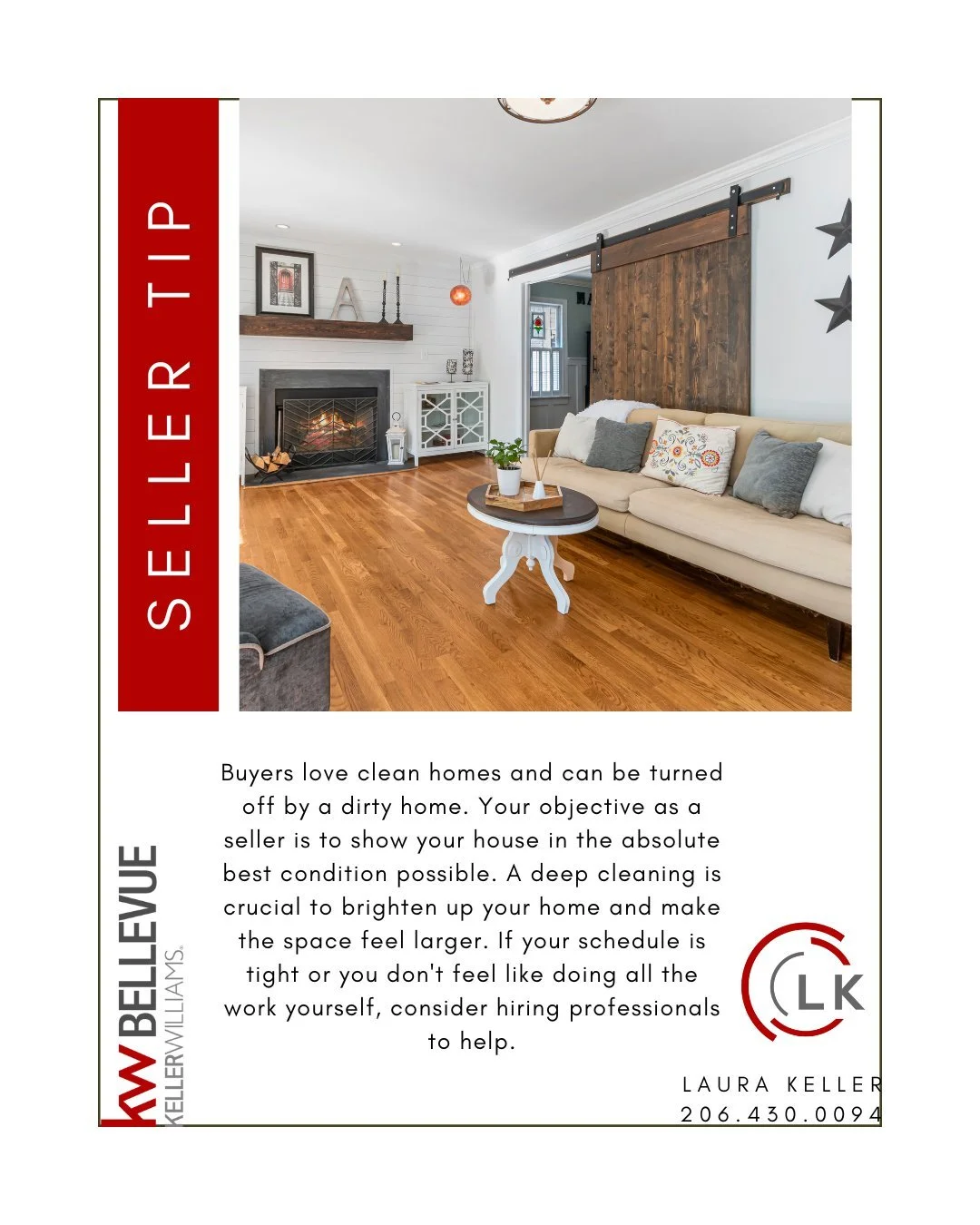 Seller Tip - January

Buyers love clean homes and can be turned off by a dirty home. Your objective as a seller is to show your house in the absolute best condition possible. A deep cleaning is crucial to brighten up your home and make the space feel