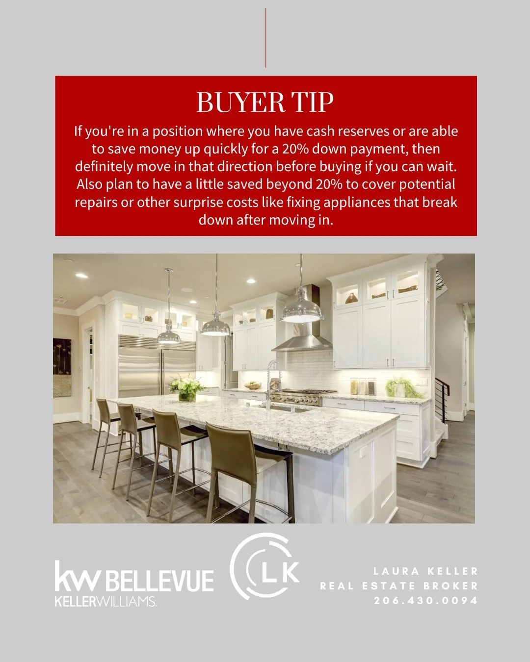 Buyer Tip - February

If you're in a position where you have cash reserves or are able to save money up quickly for a 20% down payment, then definitely move in that direction before buying if you can wait. Also plan to have a little saved beyond 20% 