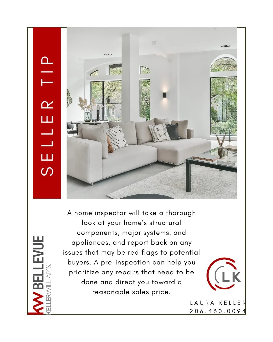 Seller Tip - April

A home inspector will take a thorough look at your home&rsquo;s structural components, major systems, and appliances, and report back on any issues that may be red flags to potential buyers. A pre-inspection can help you prioritiz