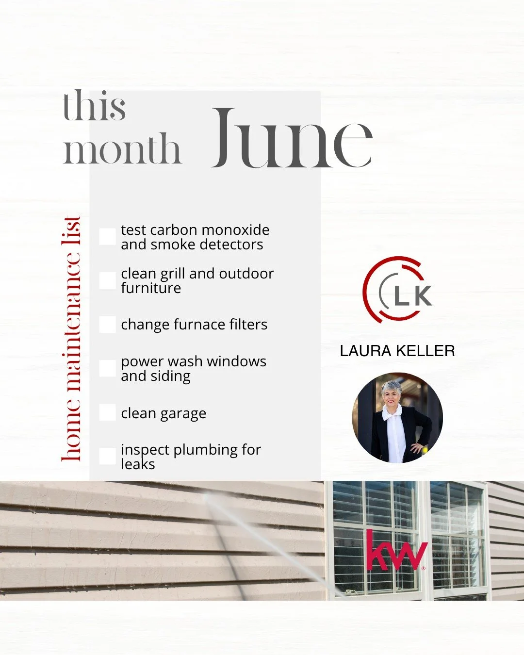 June Monthly Maintenance Tips!

⏹️ test carbon monoxide and smoke detectors
⏹️ clean grill and outdoor furniture 
⏹️ change furnace filters 
⏹️ power wash windows and siding 
⏹️ clean garage 
⏹️ inspect plumbing for leaks 

#LauraKeller #KellerWillia