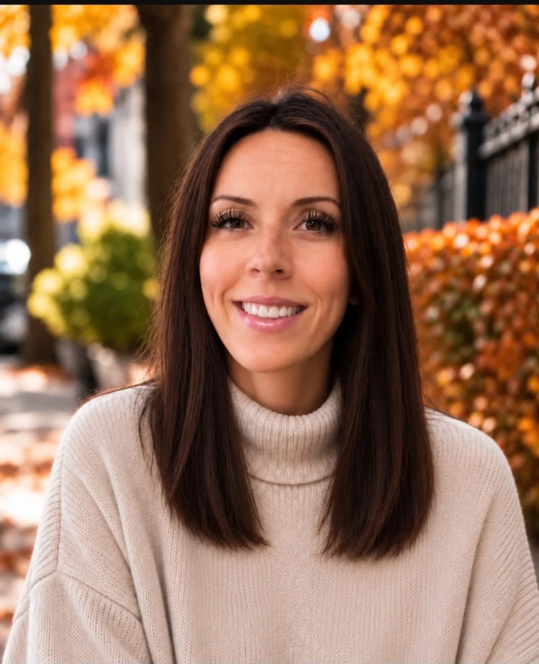 Smiling woman with brown hair and a turtleneck sweater outdoors in autumn with trees and colorful leaves in the background.