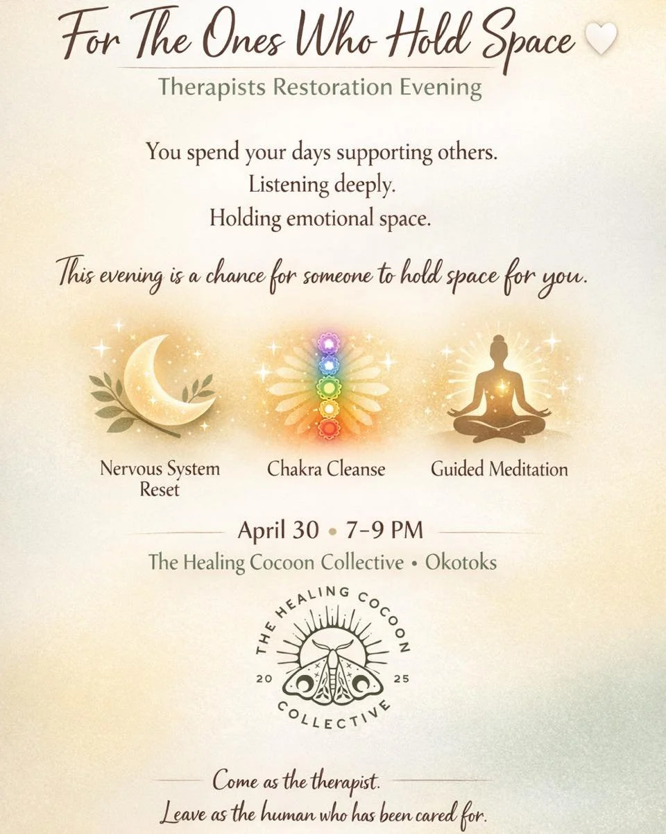 Therapist Restoration Evening: Guided Chakra Cleanse &amp; Nervous System Reset

Therapists spend their days holding space for others. Listening deeply. Regulating. Supporting. Caring.

This evening is a chance for someone to hold space for you. 

Jo