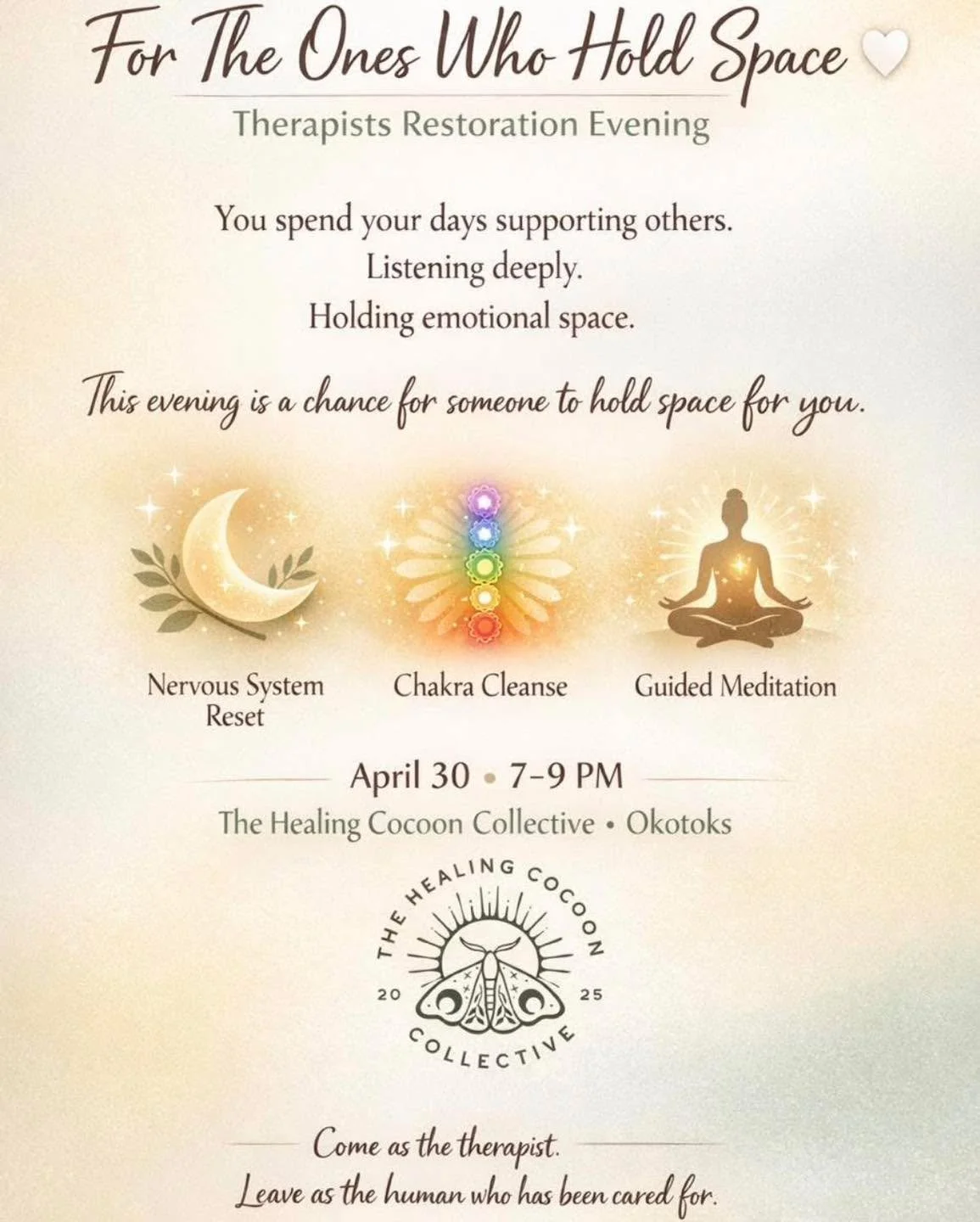 Still a few spots left! 
Still a few spots left!!!

Therapist Restoration Evening: Guided Chakra Cleanse &amp; Nervous System Reset

Therapists spend their days holding space for others. Listening deeply. Regulating. Supporting. Caring.

This evening