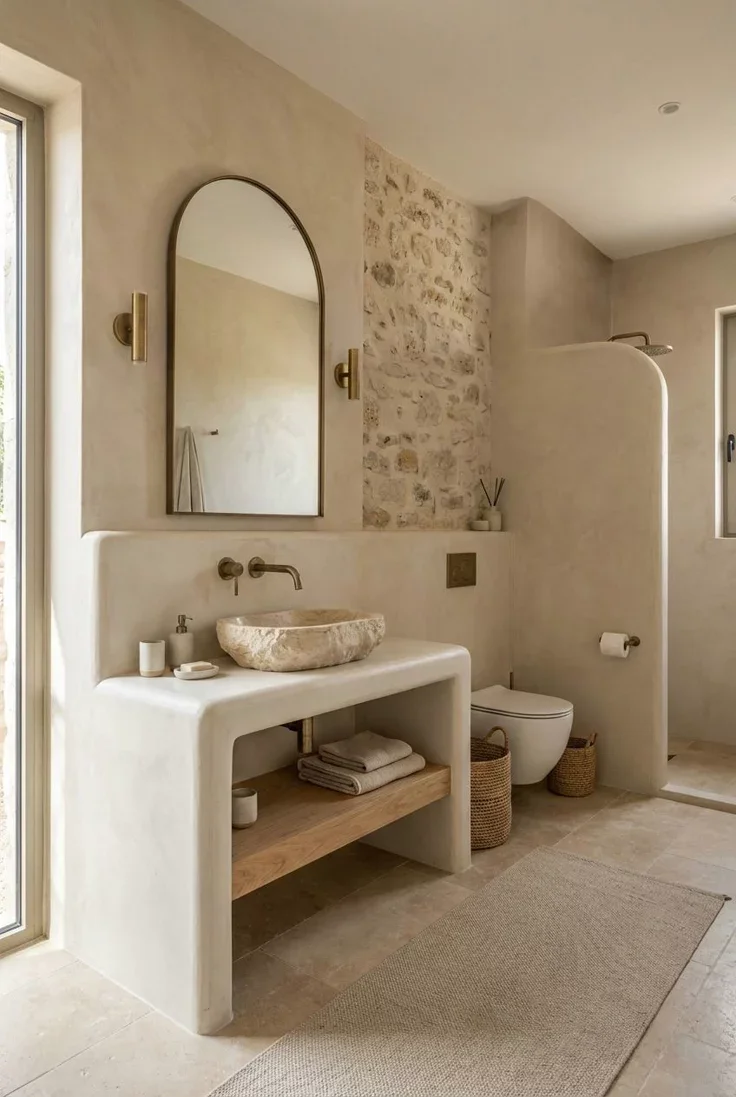 Japandi Badkamer Inspiratie – Luxe Spa Badkamer met Natuursteen & Beton ciré.webp
