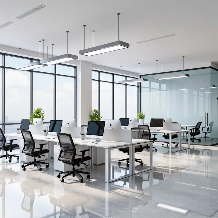 Bureau moderne avec des bureaux, des chaises de bureau ergonomiques, des ordinateurs, des plantes vertes et de grandes fenêtres laissant entrer beaucoup de lumière naturelle.