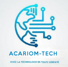 Logo bleu de ACRIOM-TECH représentant une moitié de globe avec un motif de circuits électroniques et la mention 'ACARIOM-TECH VIVEZ LA TECHNOLOGIE EN TOUTE SÉRÉNITÉ'.