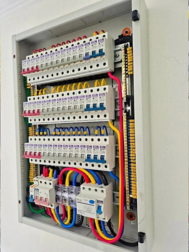 Panneau électrique avec disjoncteurs, câbles colorés et composants électriques