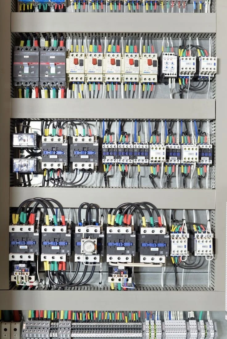 Panneau électrique avec plusieurs disjoncteurs, contacteurs et câbles colorés.