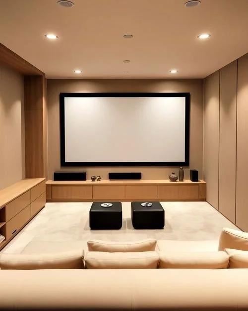 Une salle de cinéma privée avec un grand écran, deux enceintes, deux poufs noirs, et plusieurs fauteuils beige.