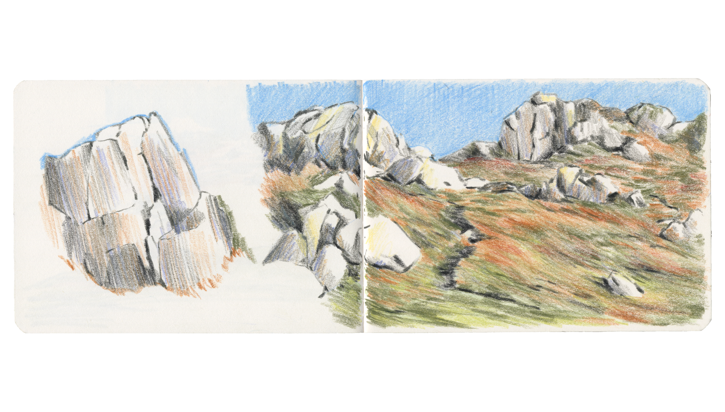 sketchbook spread ; pages de carnet, pastels à la cire, illustratrice française