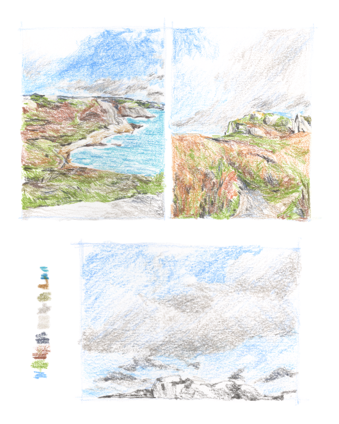 Page de carnet à dessin : illustrations de paysages bretons faites aux crayons de couleur