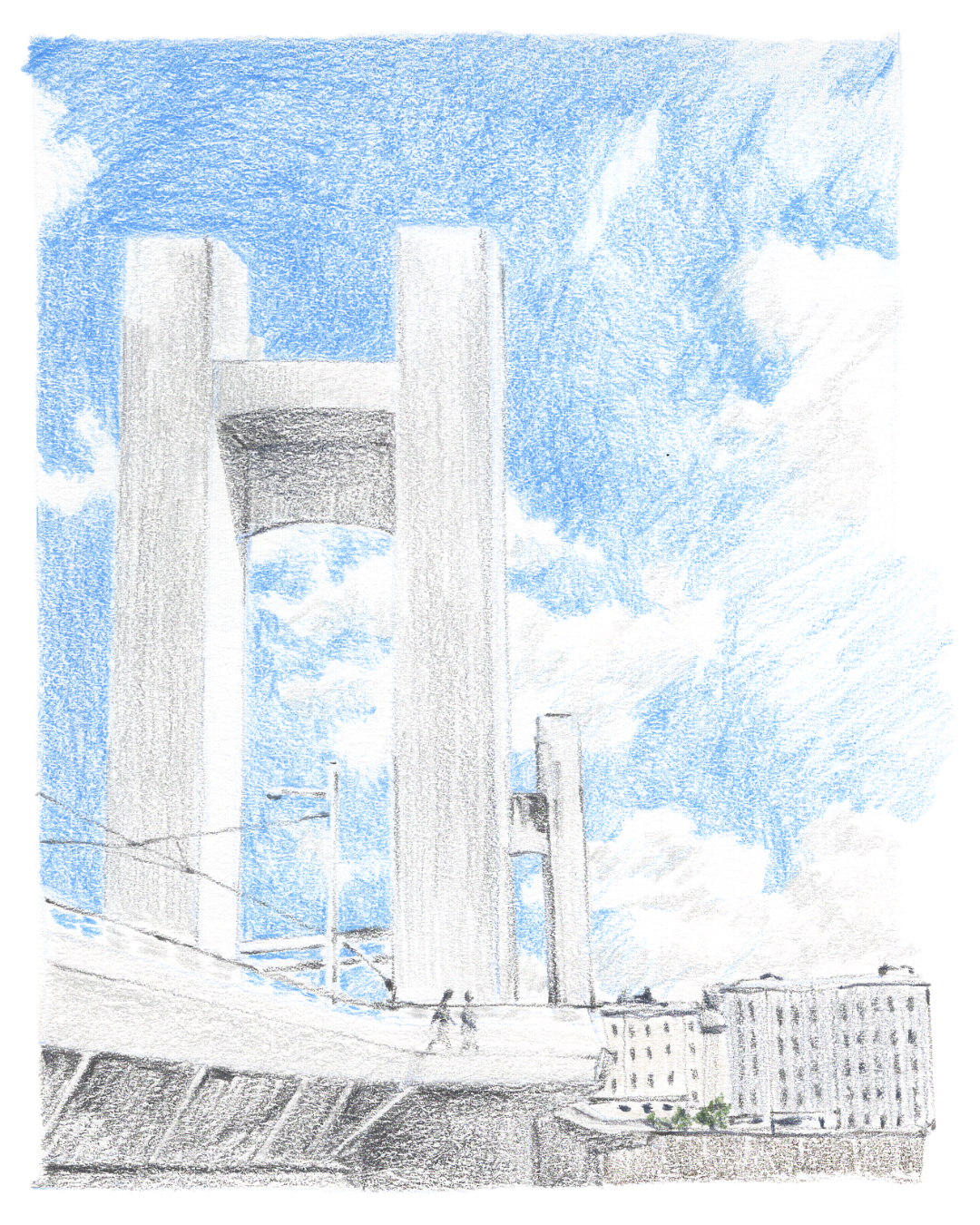 Dessin du Pont de Recouvrance situé à Brest fait aux crayons de couleur. Illustratrice indépendante brestoise, Finistère nord