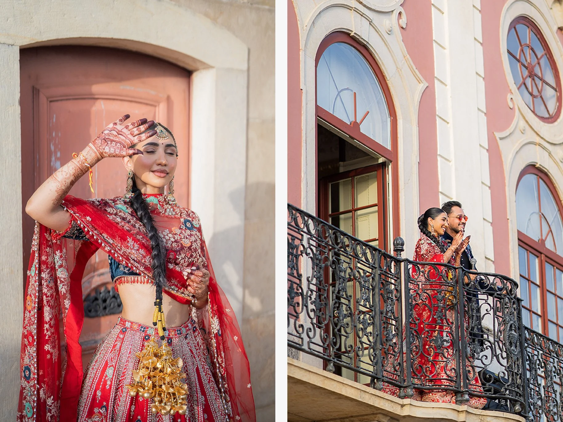 Bride and groom embracing outdoors at sunset during a luxury Indian wedding in the Algarve, Portugal.