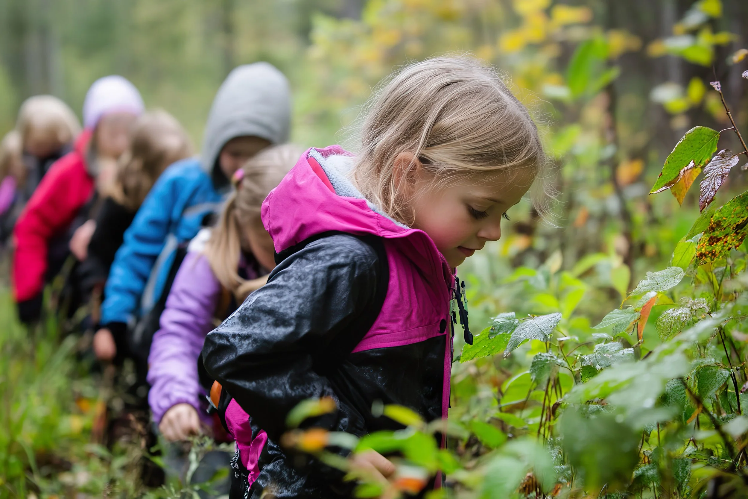 young boy building a fairy house in the woods