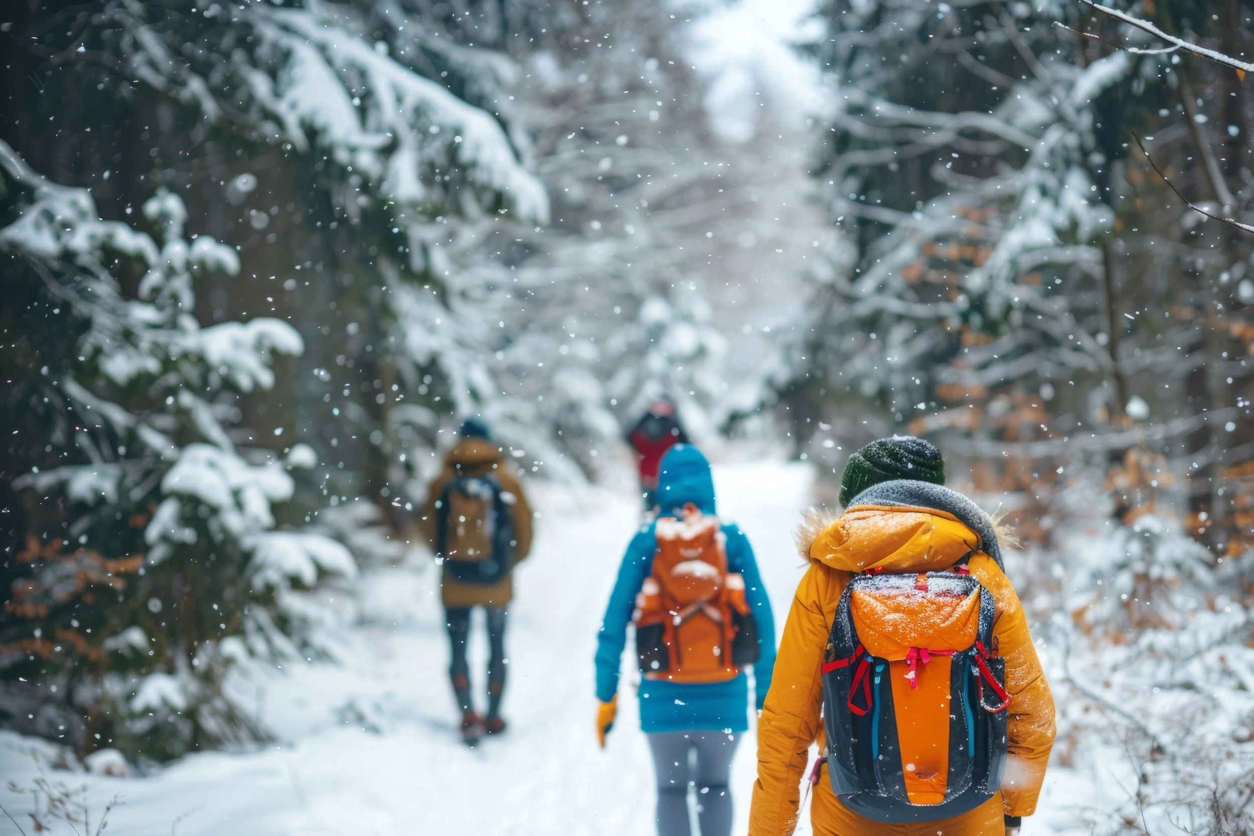Three people walking in a pine forest wearing winter gear