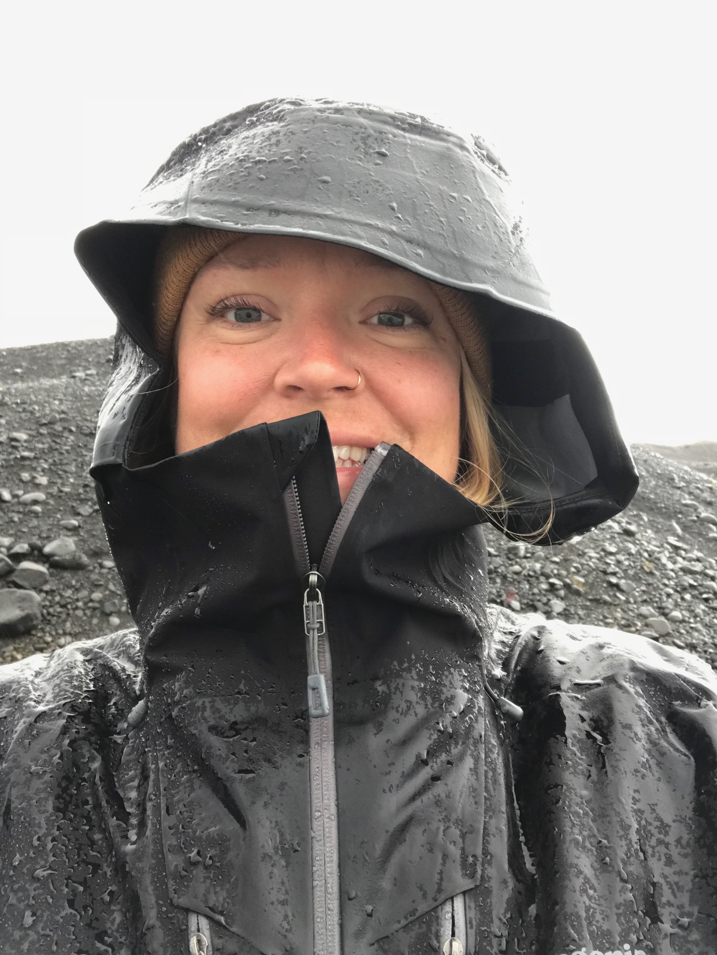 Jessica Turtle in black rain jackets