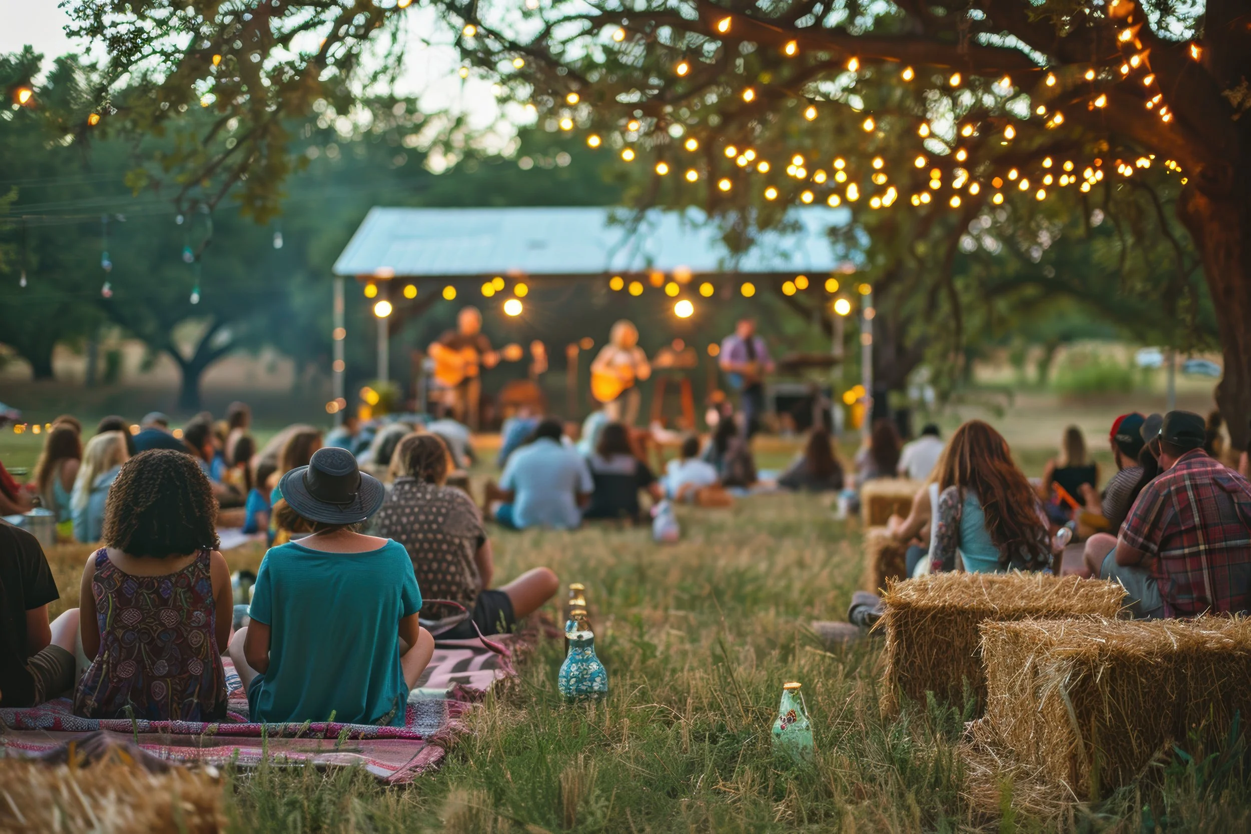 people sitting on blankets outside listening to live music