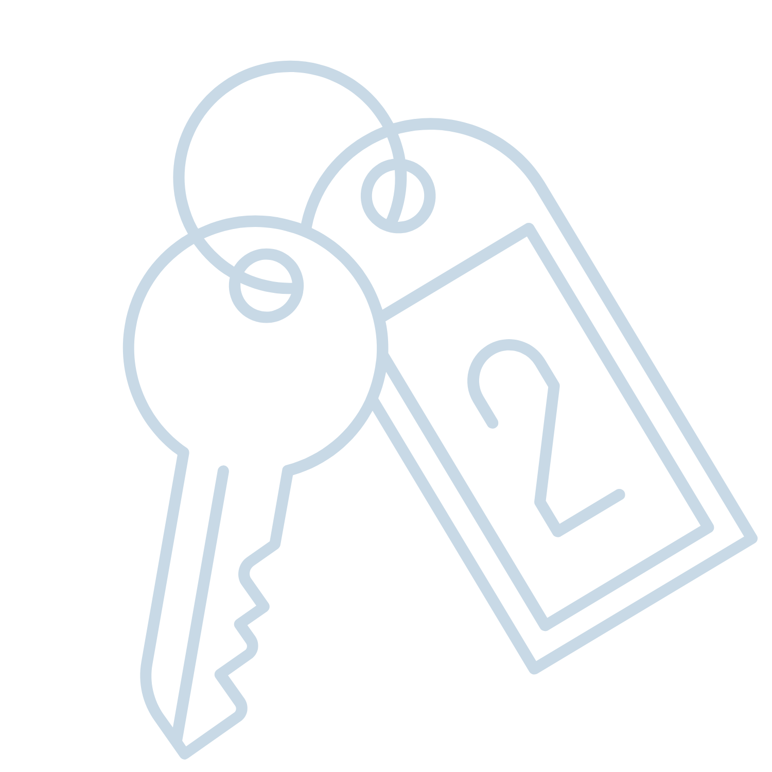 Outlined illustration of two keys attached to a keychain with a price tag that has the number 2 on it.