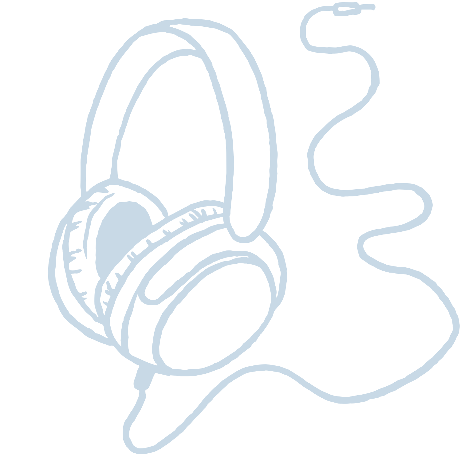 Line drawing of a pair of over-ear headphones with a cord, against a black background.