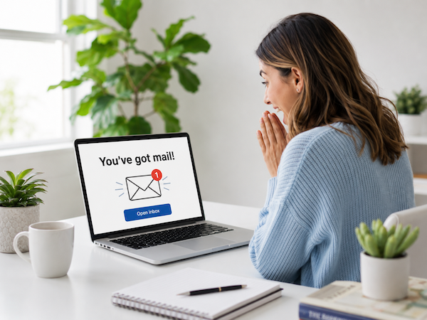 Hotel marketing consultant reviewing hotel email strategy on laptop - The Hotel Marketing Playbook.
