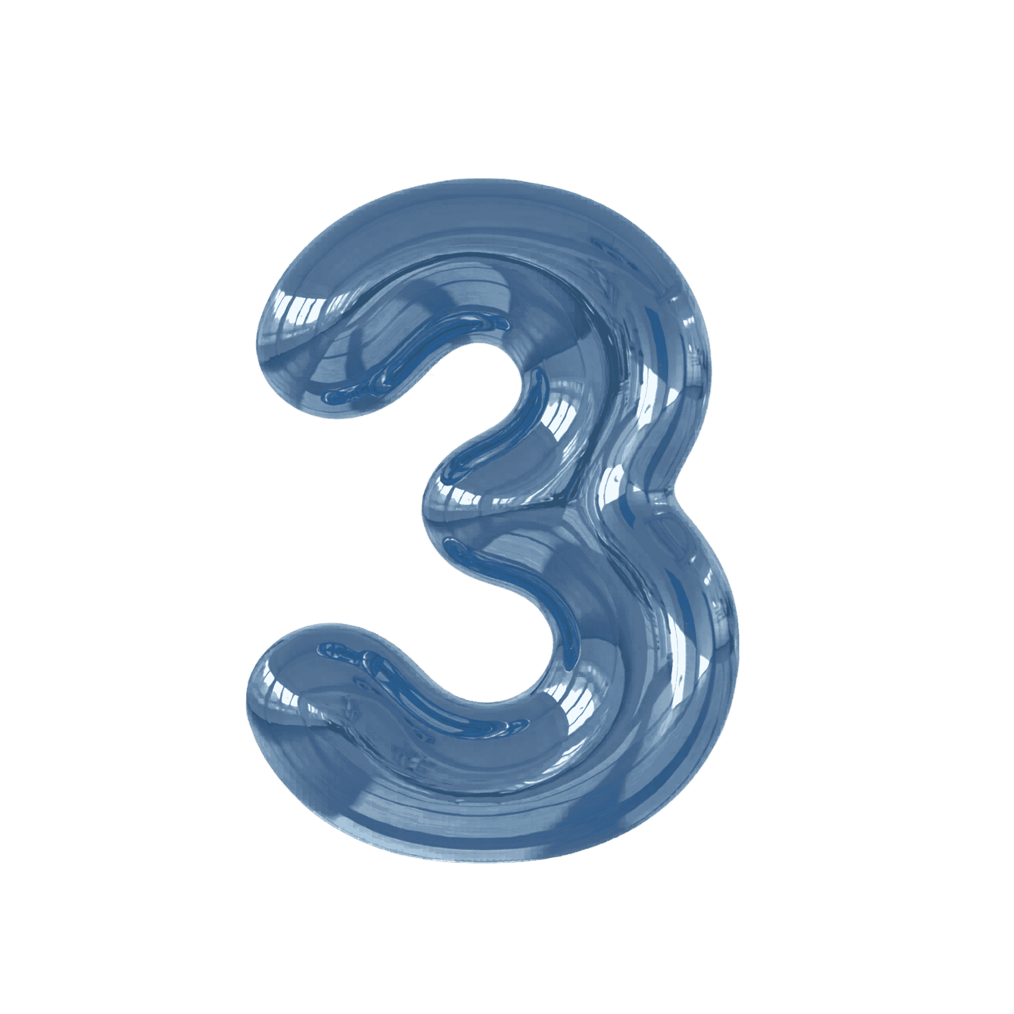 A glass sculpture of a question mark with a reflective surface and blue tint colored balloon shaped like the number three.