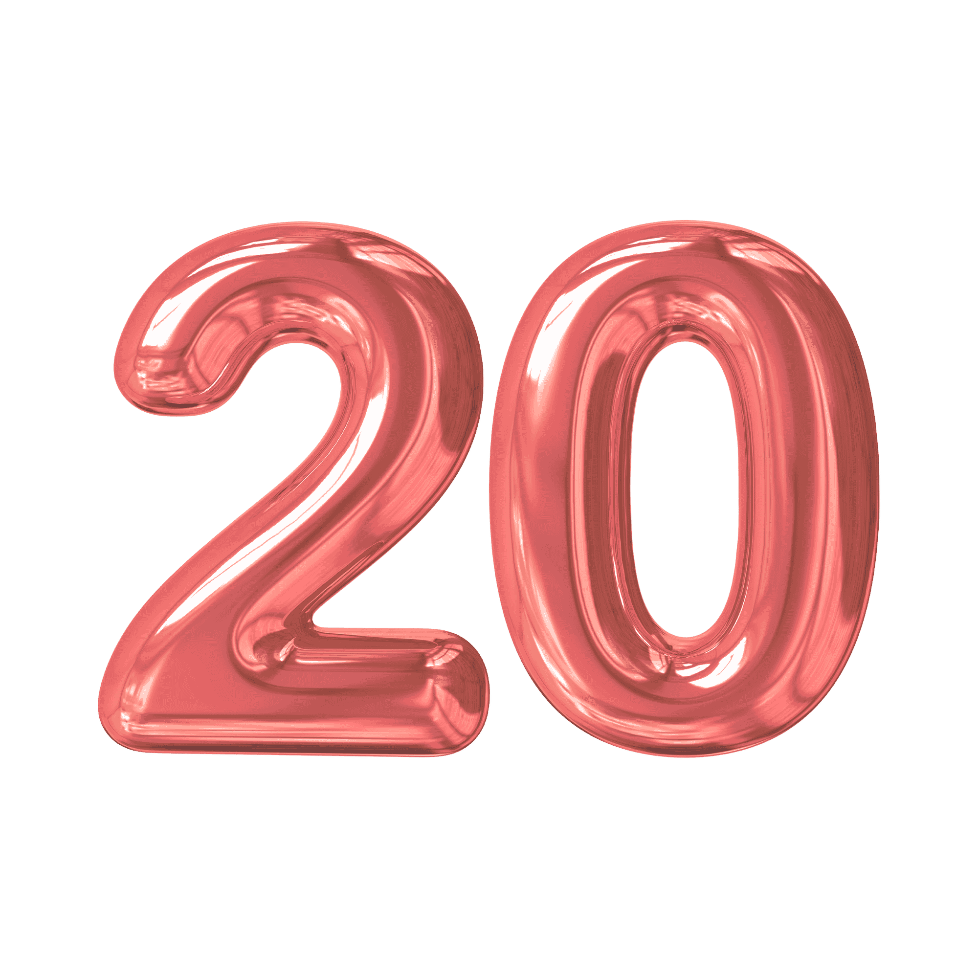 Number twenty made of shiny, metallic, pink balloon material.