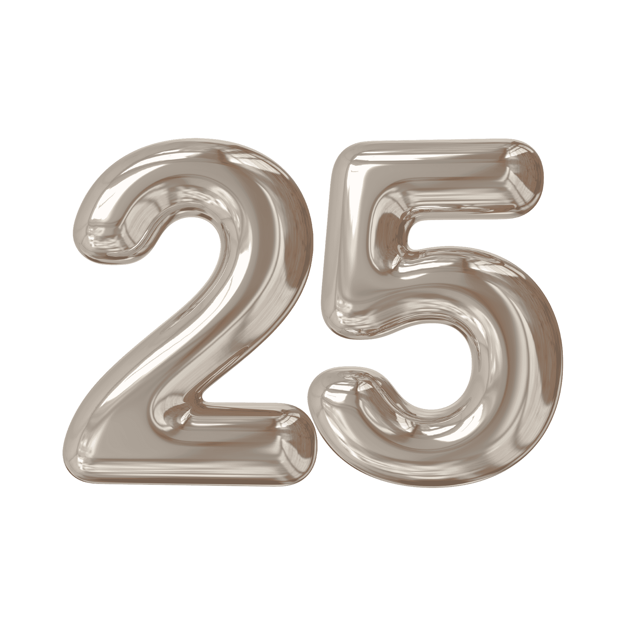 Silver reflective balloon numbers 2 and 5, celebrating the year 2025.